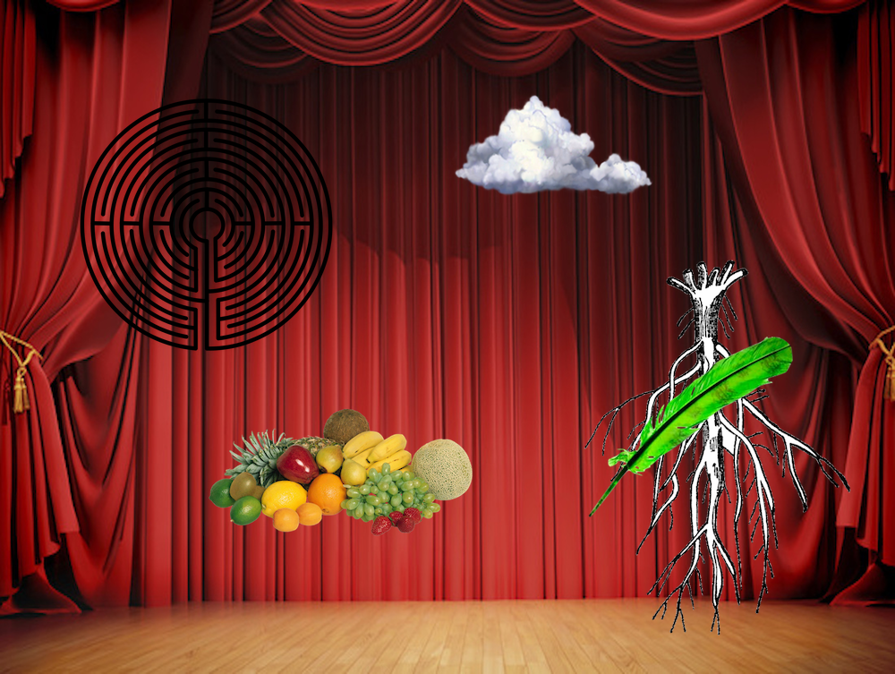 theater, performance, actor, play, fruit, nourishment, food, cloud, maze, labyrinth, vein, root, feather, green, stage, 